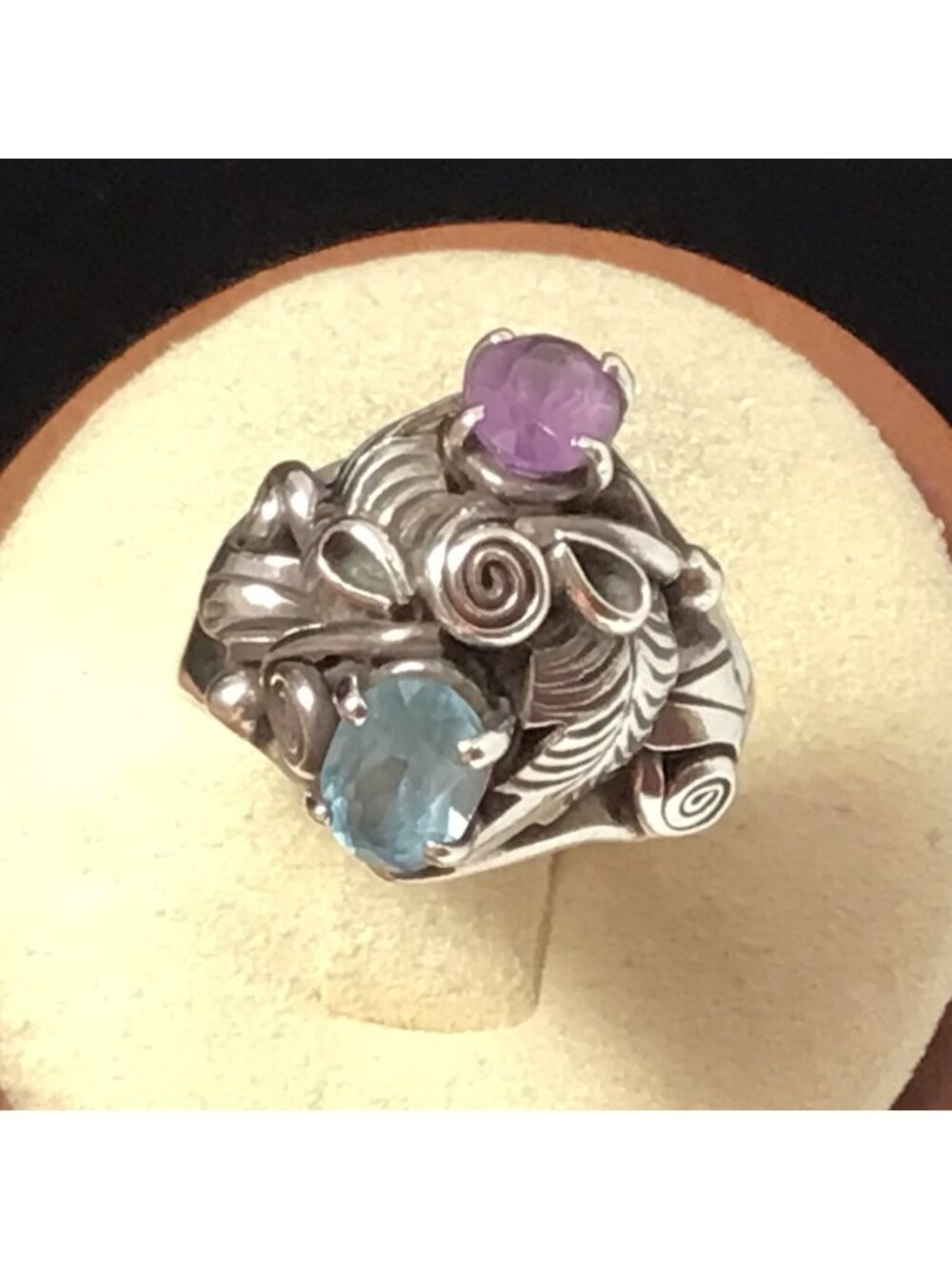 Blue Topaz Amethyst Artisan Ring Sterling Silver Vintage Size 8
